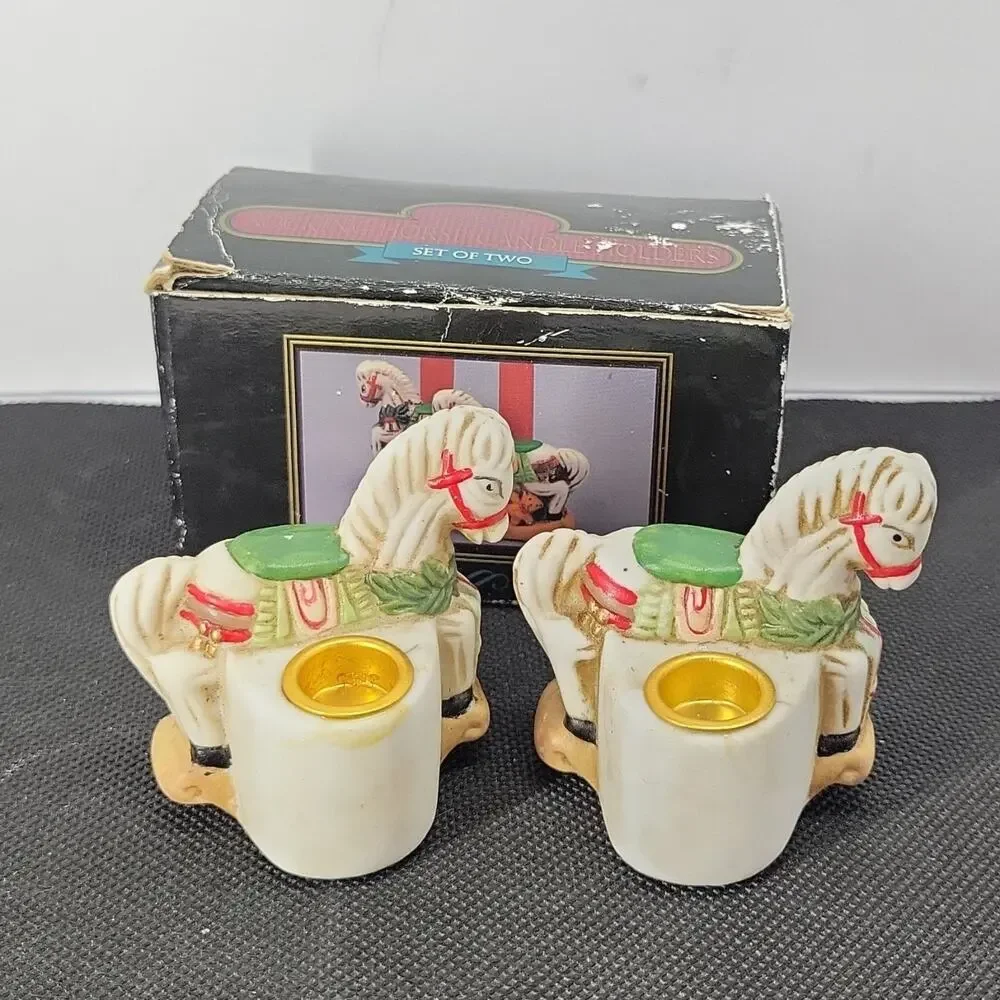 Vintage Noble Hall Rocking Horse Candle Holders Set of 2 Christmas Original Box